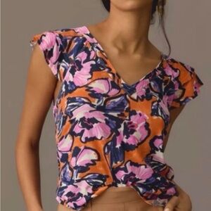 Anthropologie Floral V-Neck Blouse in Orange, Pink & Navy